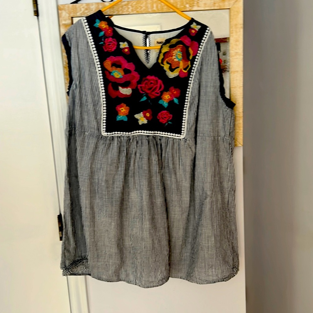 Denim Striped with embroidered floral mini dress.